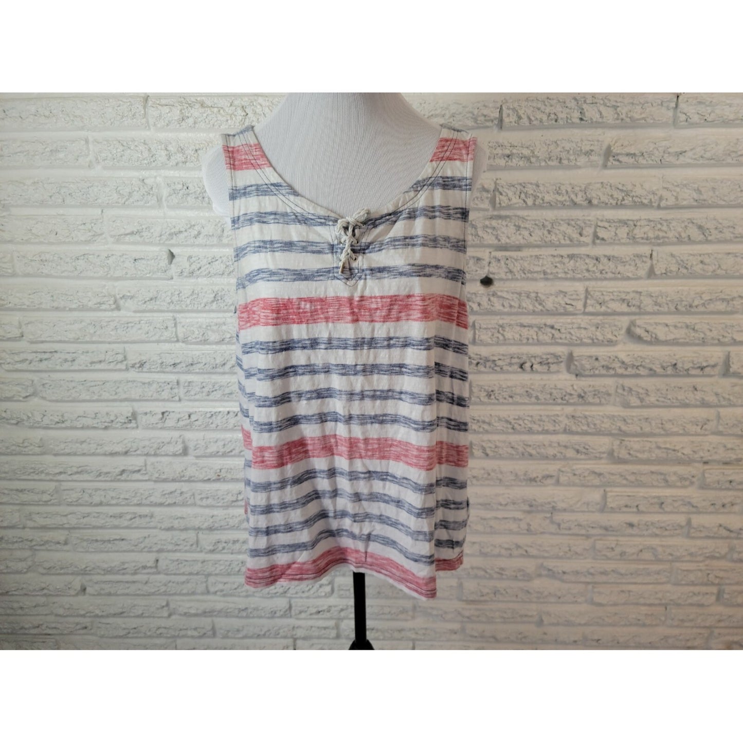 Fourth of July Chaps Womens Top XXL Plus Tank Patriotic Red Stripe Muted Lace Up