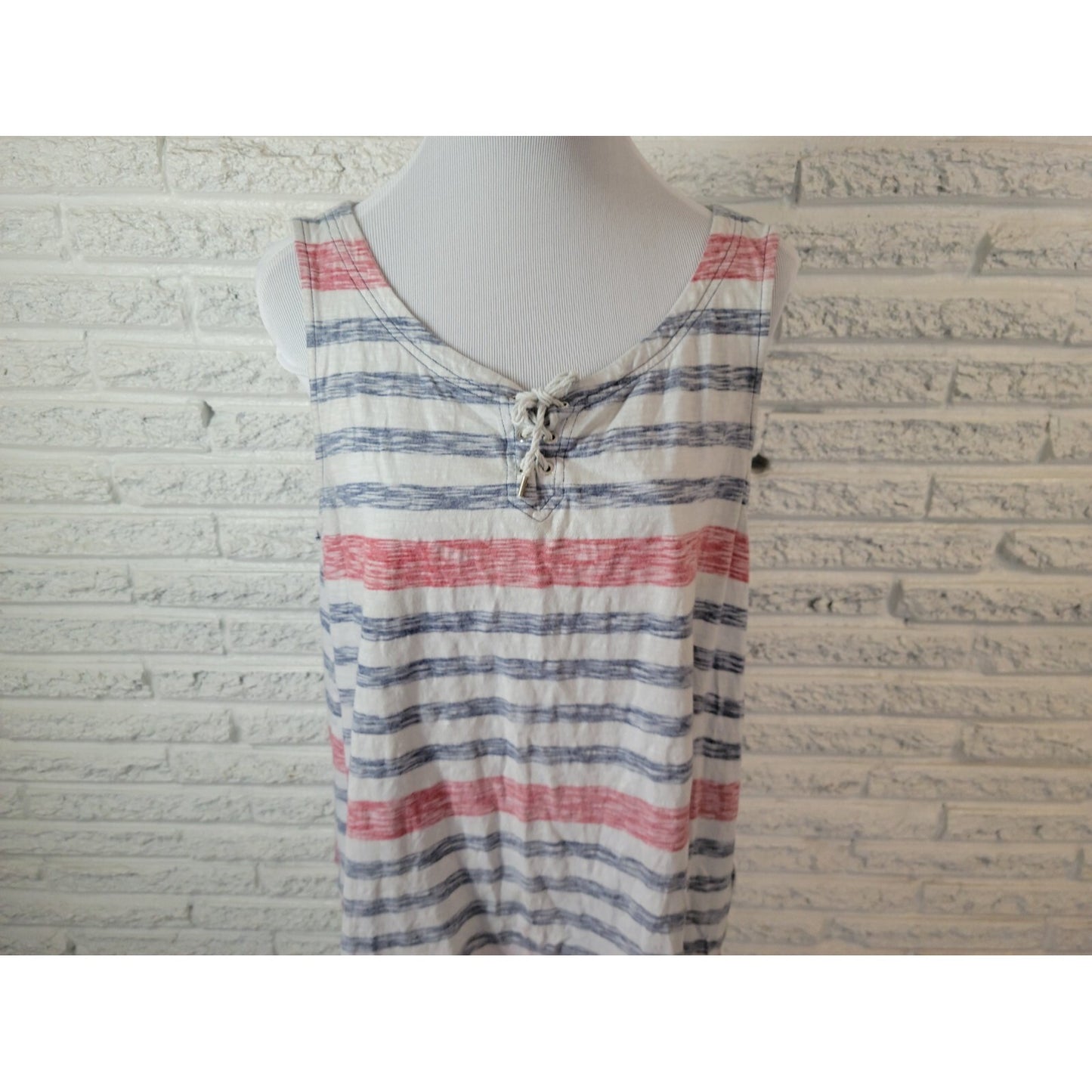 Fourth of July Chaps Womens Top XXL Plus Tank Patriotic Red Stripe Muted Lace Up