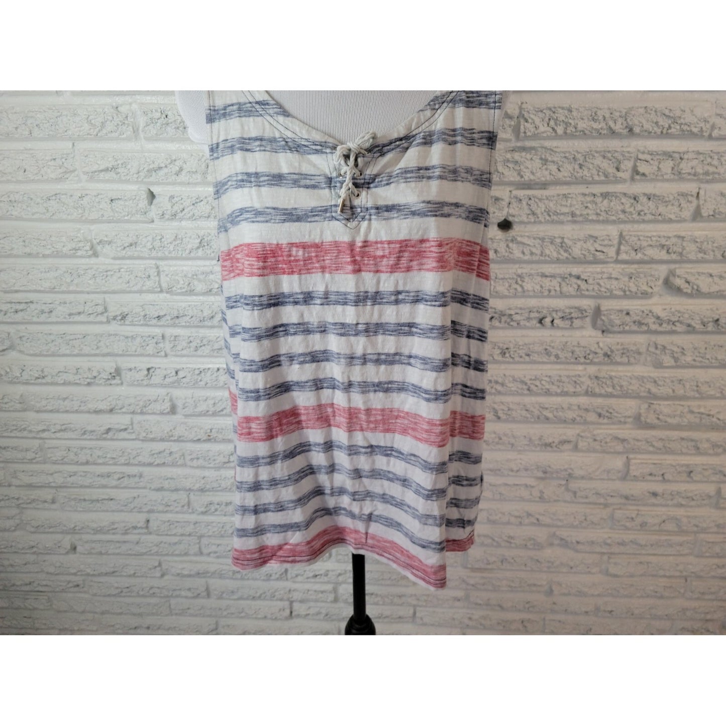 Fourth of July Chaps Womens Top XXL Plus Tank Patriotic Red Stripe Muted Lace Up