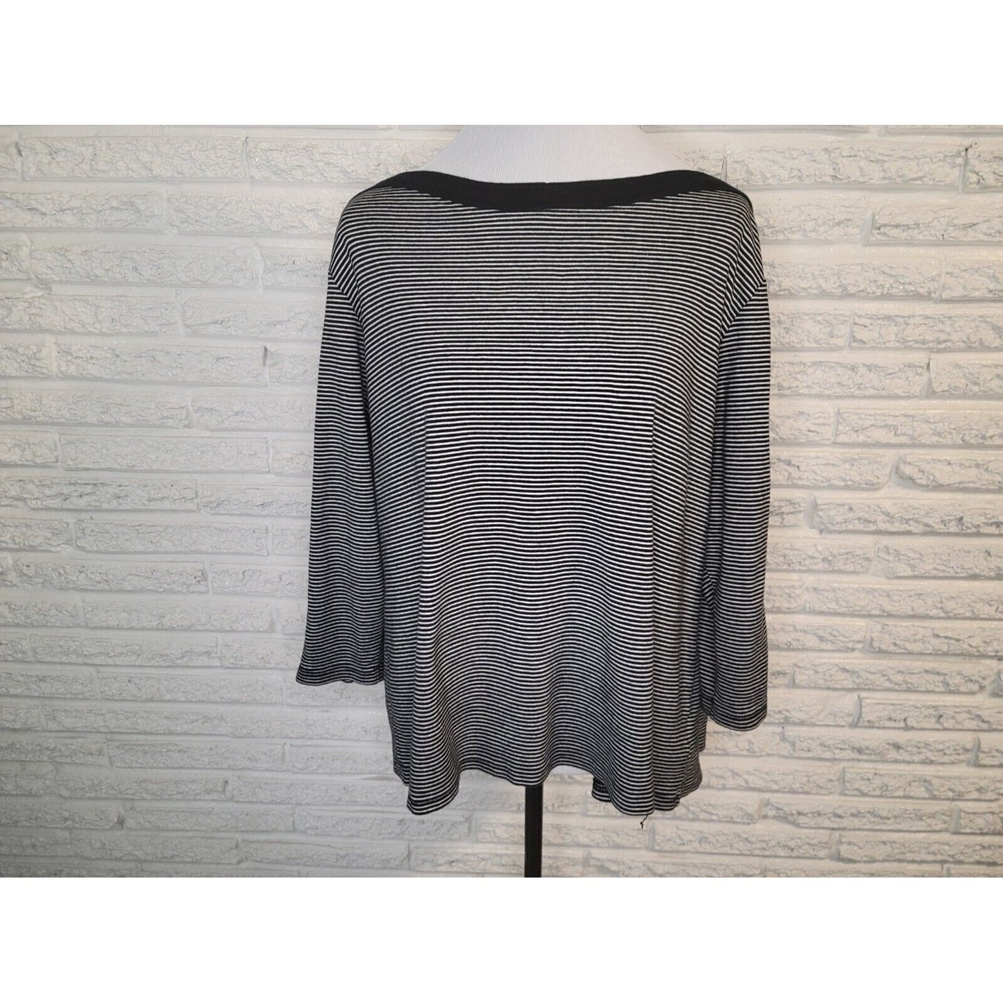 Chaps Womens Top 2X Plus Knit Lace Up Sleeve Stripe Cotton Pullover Stretch