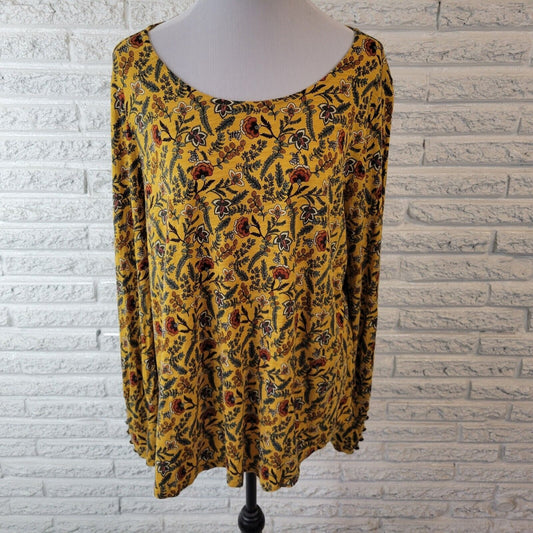 Cato Womens Top 18W 20W Long Sleeve Gold Orange Floral Cotton Blend Lightweight