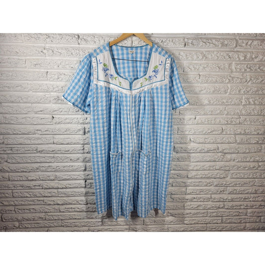 Marisol Womens Robe 1X House Dress Short Embroidered Sleeve Blue Plaid Pockets