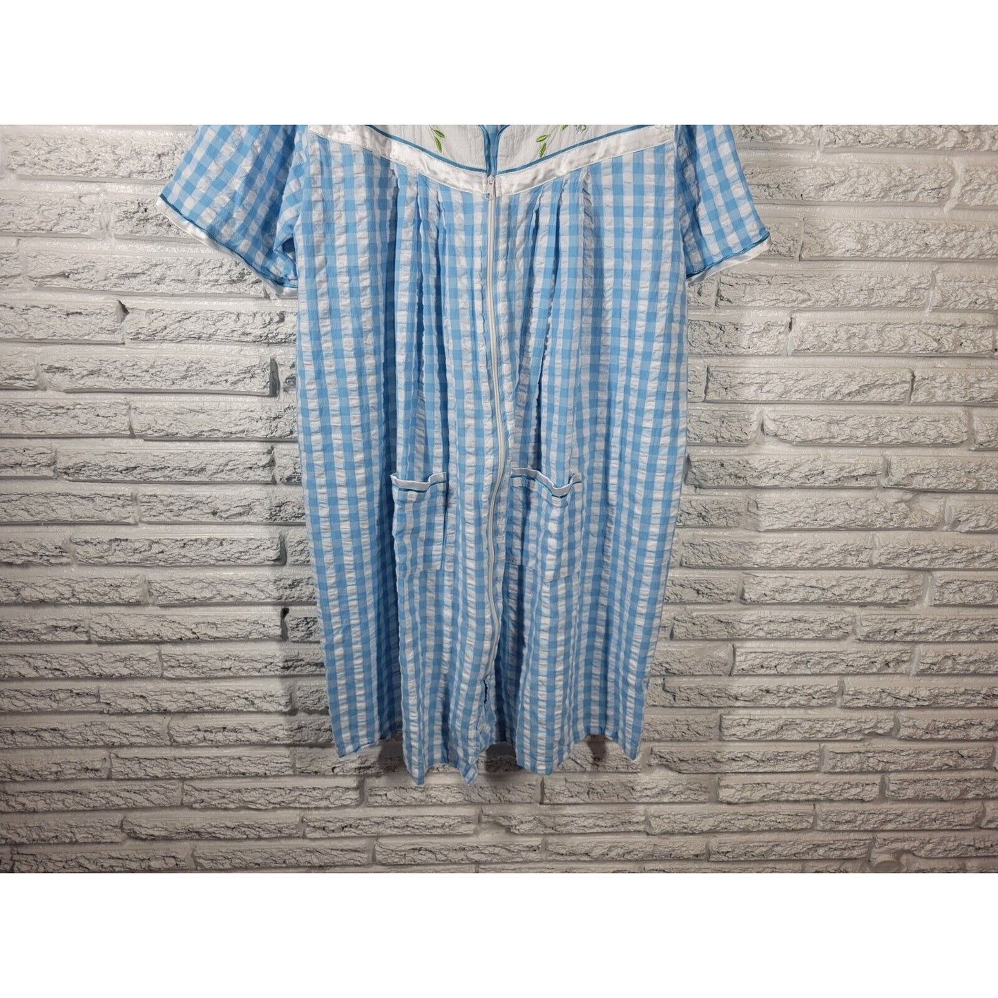 Marisol Womens Robe 1X House Dress Short Embroidered Sleeve Blue Plaid Pockets