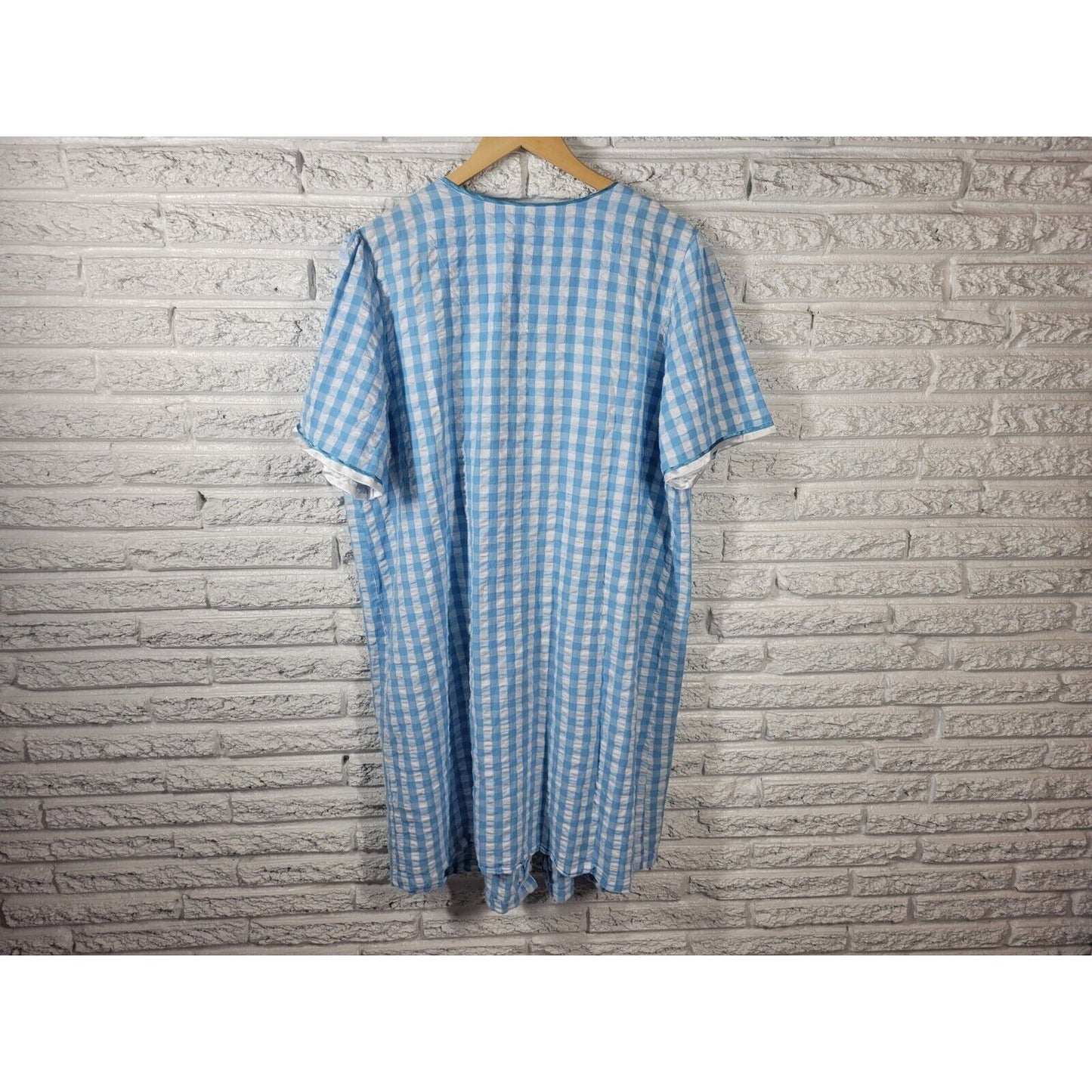 Marisol Womens Robe 1X House Dress Short Embroidered Sleeve Blue Plaid Pockets