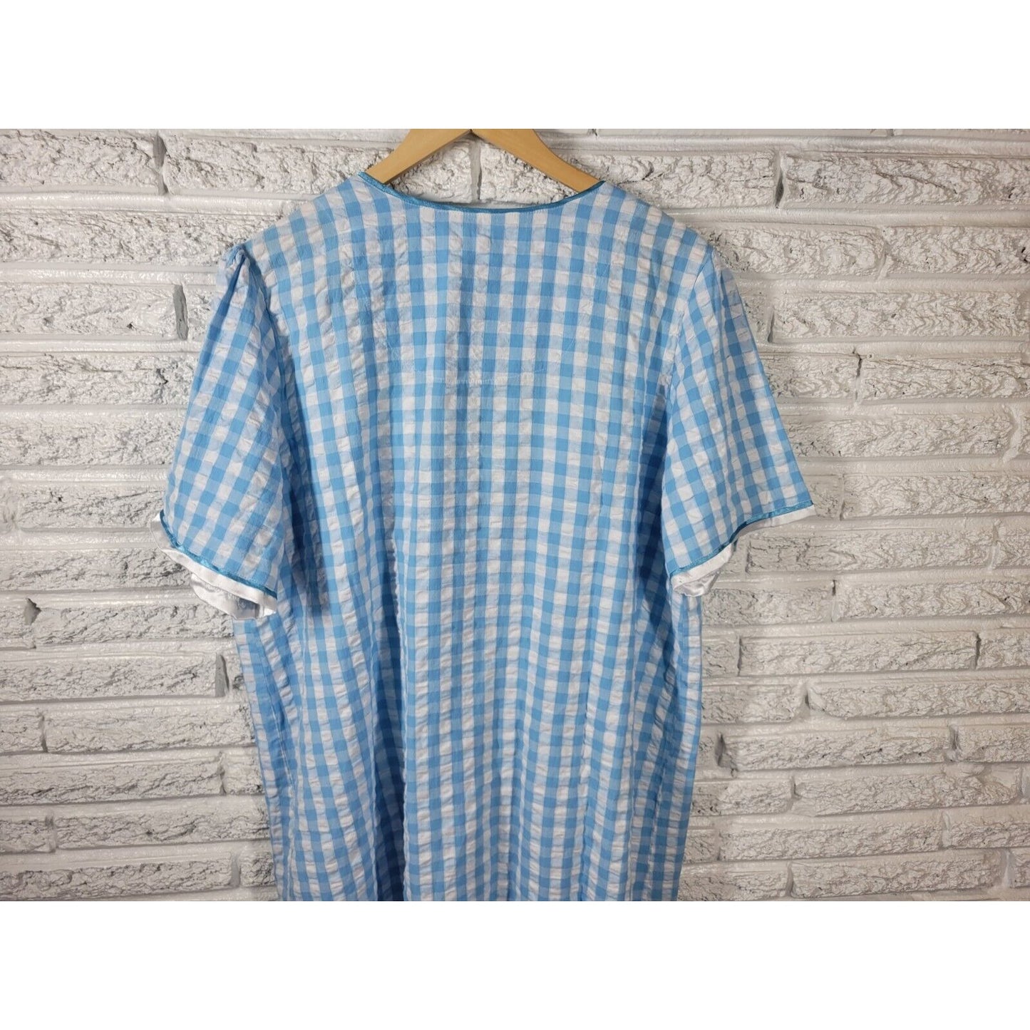Marisol Womens Robe 1X House Dress Short Embroidered Sleeve Blue Plaid Pockets