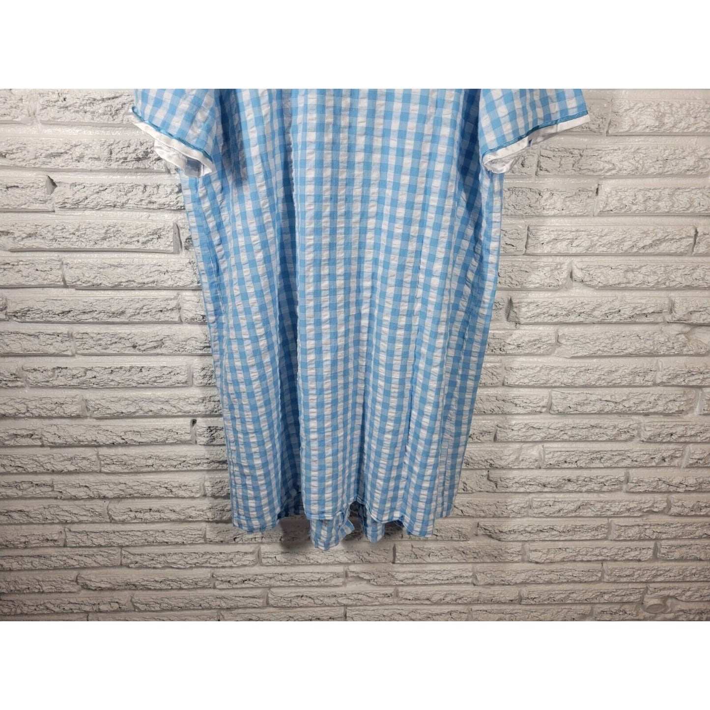 Marisol Womens Robe 1X House Dress Short Embroidered Sleeve Blue Plaid Pockets