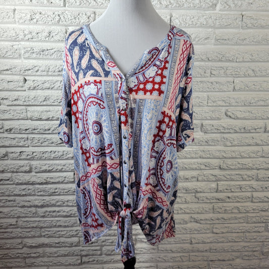 Est 1946 Women Top 22W 24W Plus Blue Red Paisley Geometric Asymmetric Tied Hem