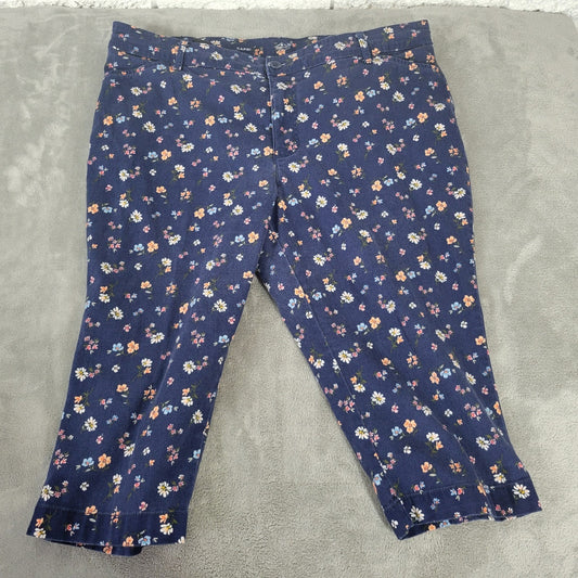 St Johns Bay Womens Pants 18W Plus Capri Blue Floral Zip Fly Pockets Comfy