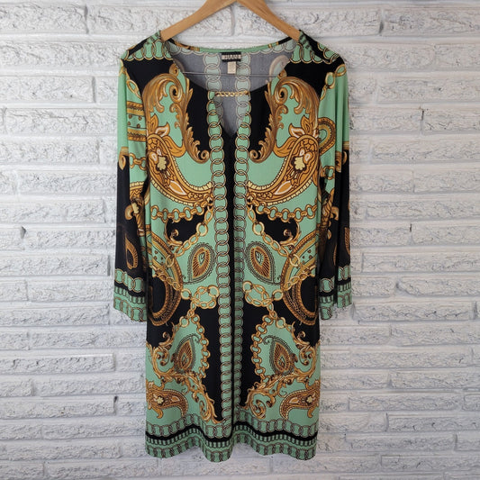 Haani Women Dress Extra Large Mini Long Sleeve Green Gold Paisley Keyhole Office