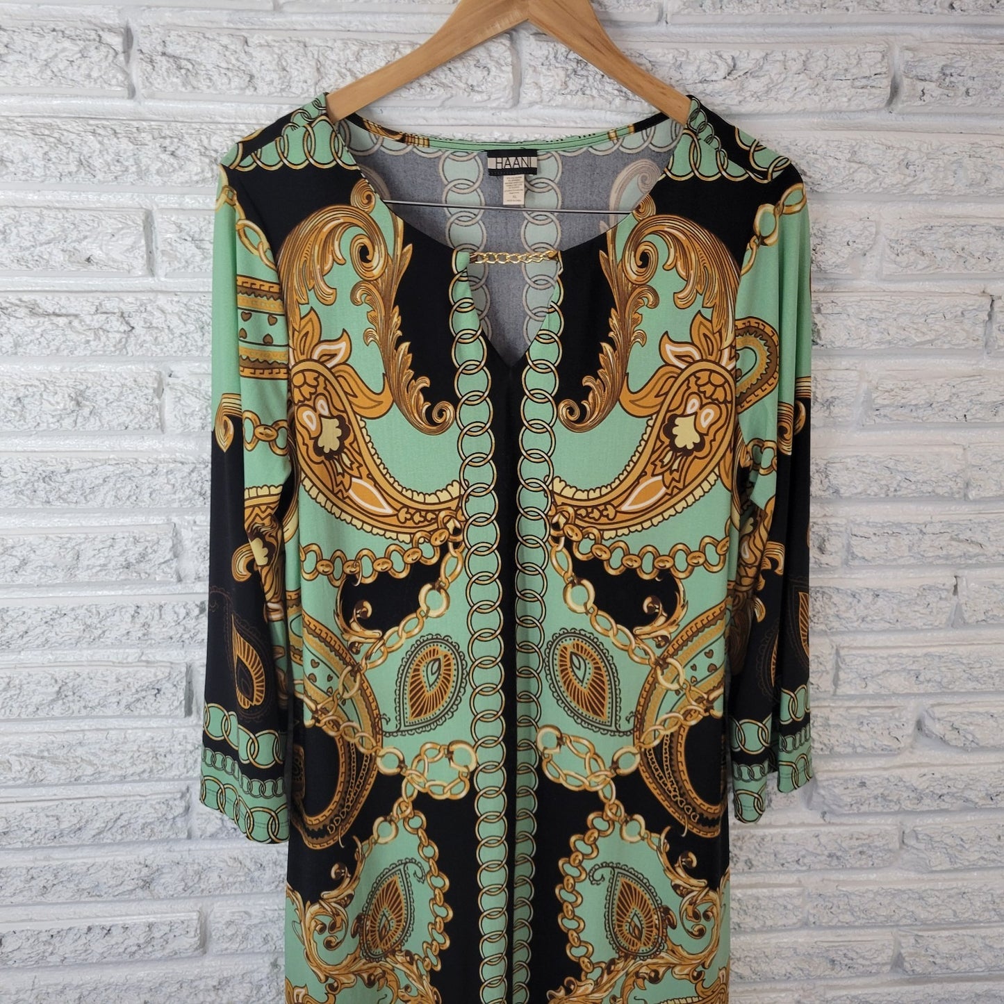 Haani Women Dress Extra Large Mini Long Sleeve Green Gold Paisley Keyhole Office