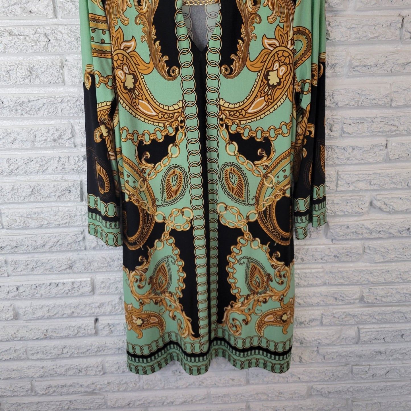 Haani Women Dress Extra Large Mini Long Sleeve Green Gold Paisley Keyhole Office