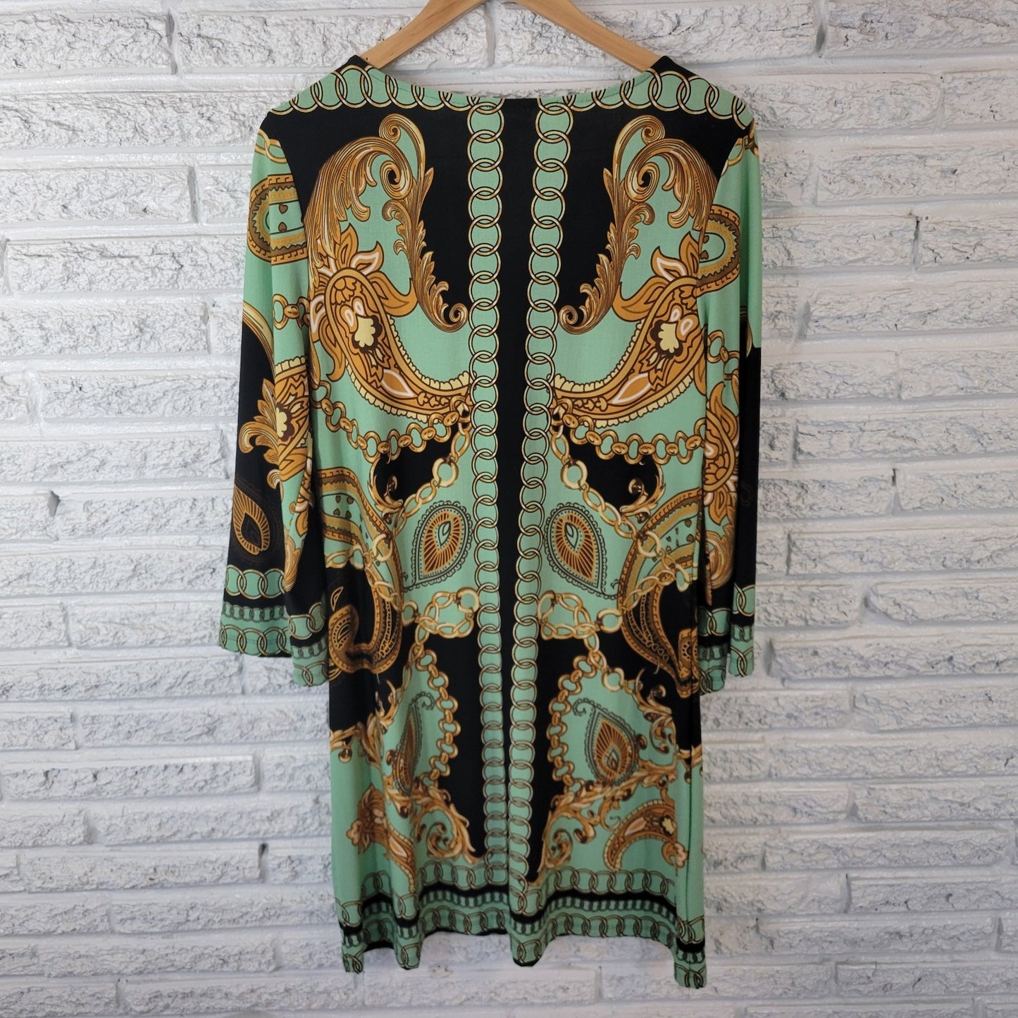Haani Women Dress Extra Large Mini Long Sleeve Green Gold Paisley Keyhole Office
