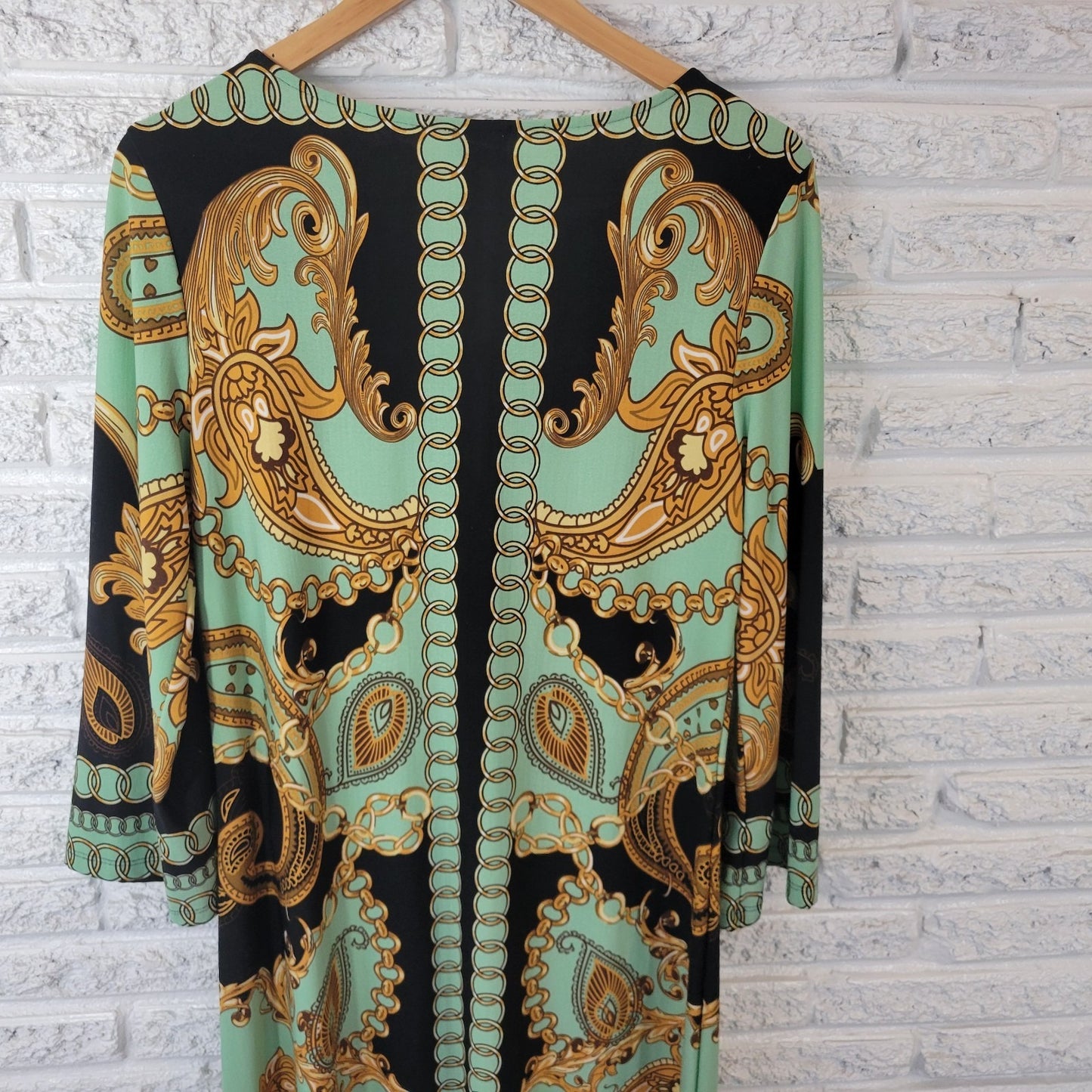 Haani Women Dress Extra Large Mini Long Sleeve Green Gold Paisley Keyhole Office