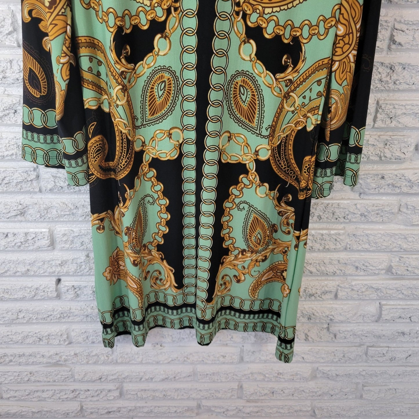 Haani Women Dress Extra Large Mini Long Sleeve Green Gold Paisley Keyhole Office