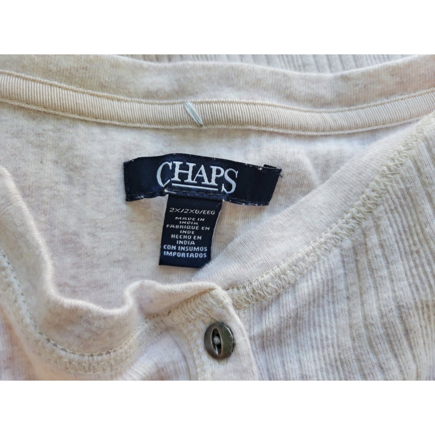 Chaps Womens Top 2X Plus Knit Long Sleeve Pockets Beige Cotton Quarter Button