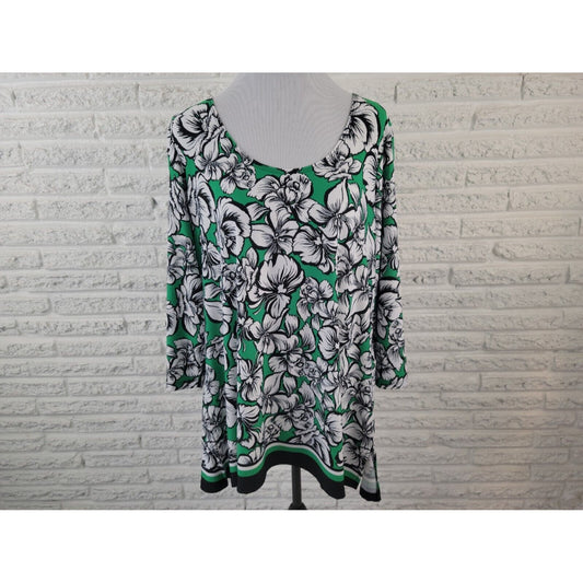 Slinky Brand Women Top 1XP Plus Petite Tunic 3/4 Sleeve Pullover Green Floral