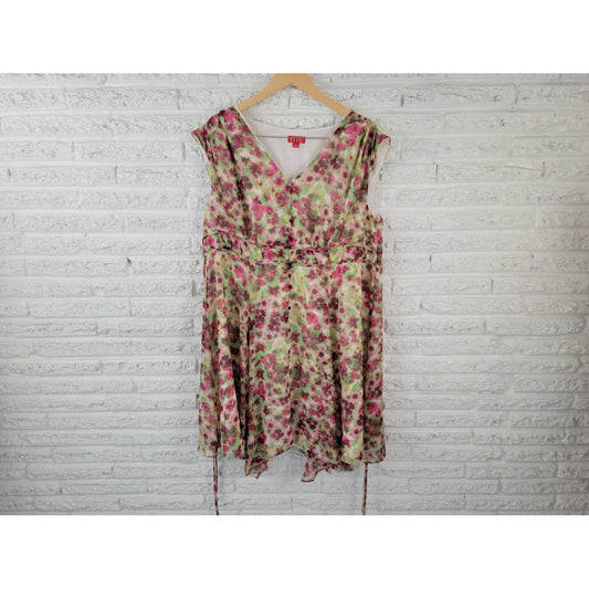 Elle Women Dress 1X Plus Sheath Full Button Lined VNeck Pink Watercolor Office