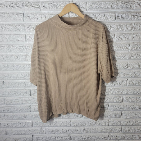 Elisabeth Women Sweater 3X Plus Short Sleeve Ribbed Beige Mock Turtleneck Office