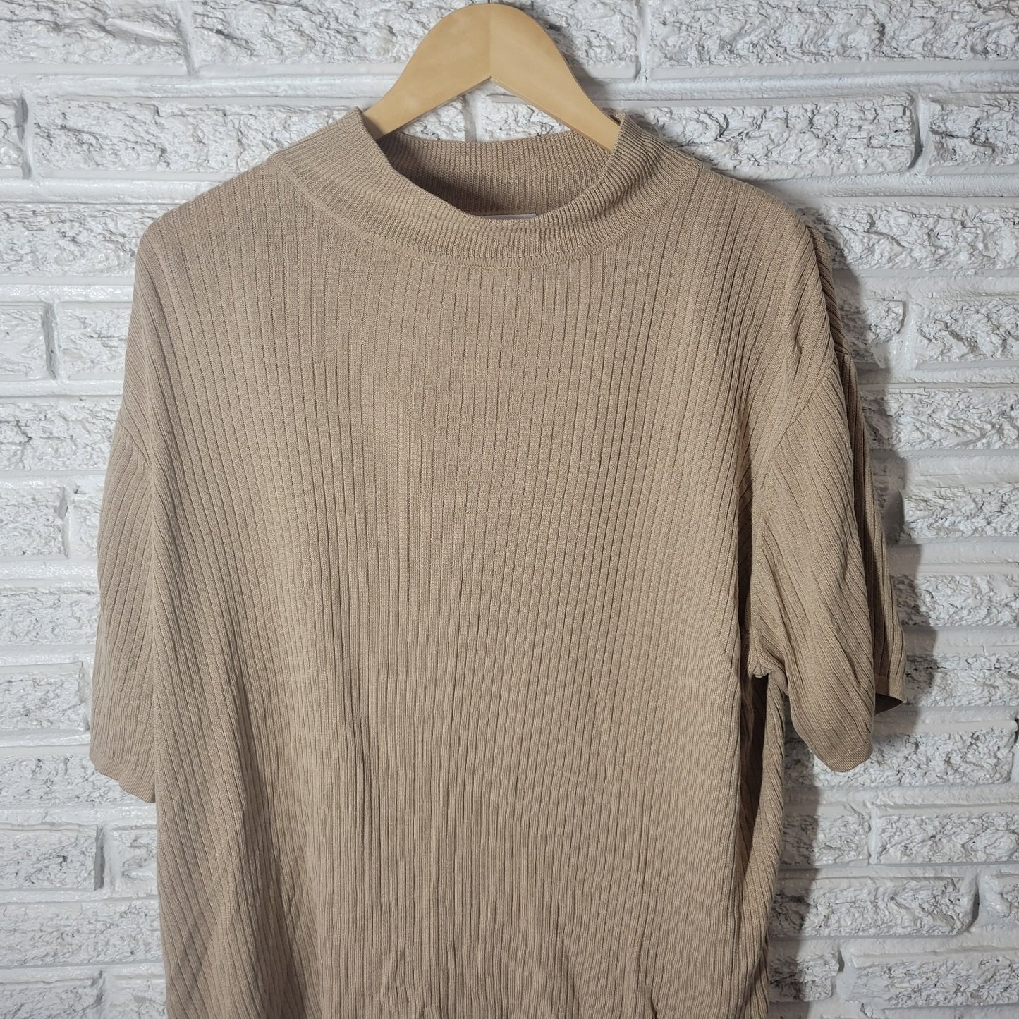 Elisabeth Women Sweater 3X Plus Short Sleeve Ribbed Beige Mock Turtleneck Office