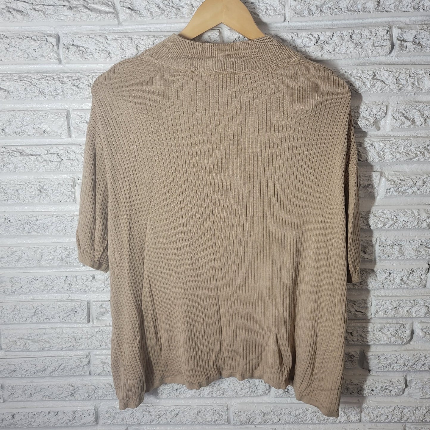 Elisabeth Women Sweater 3X Plus Short Sleeve Ribbed Beige Mock Turtleneck Office