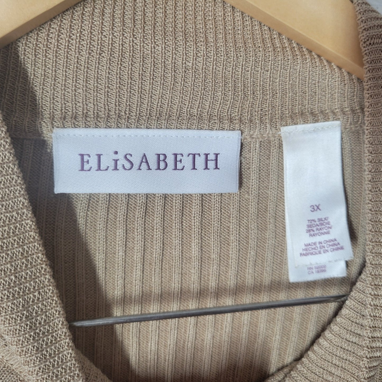 Elisabeth Women Sweater 3X Plus Short Sleeve Ribbed Beige Mock Turtleneck Office