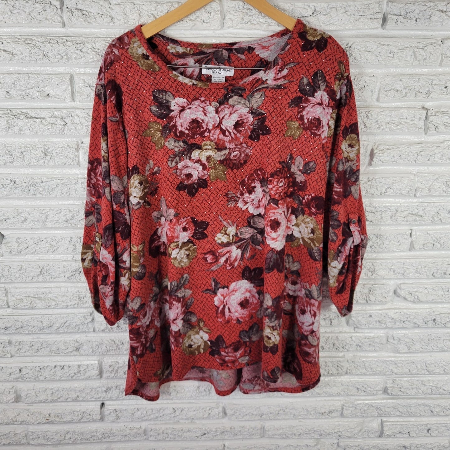Rebecca Malone Womens Sweater 3X Plus Roll Tab Sleeve Red Floral Studded Soft