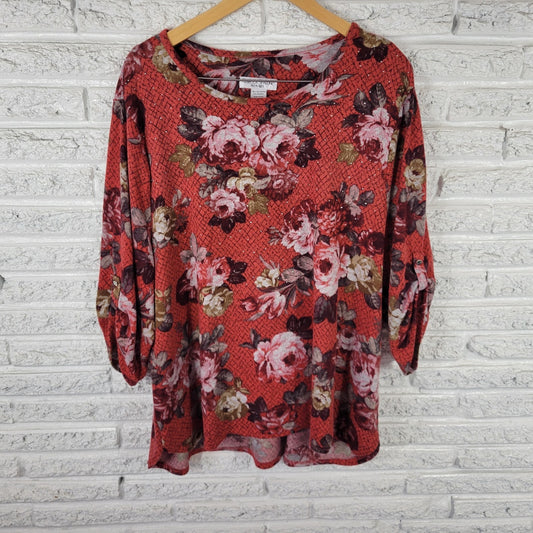 Rebecca Malone Womens Sweater 3X Plus Roll Tab Sleeve Red Floral Studded Soft
