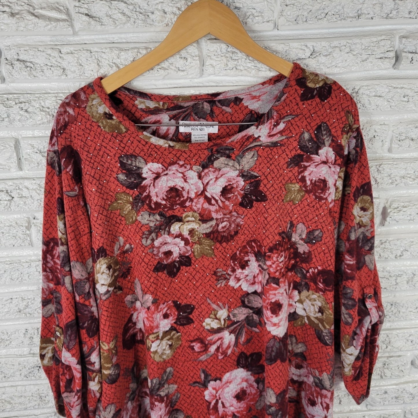 Rebecca Malone Womens Sweater 3X Plus Roll Tab Sleeve Red Floral Studded Soft