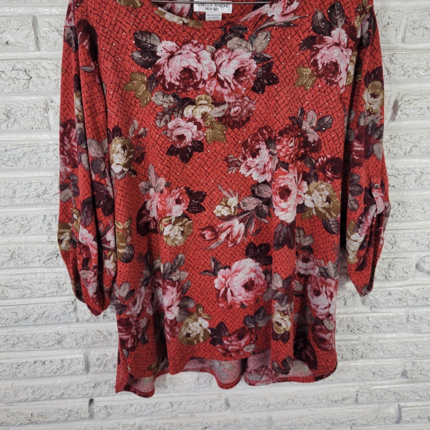 Rebecca Malone Womens Sweater 3X Plus Roll Tab Sleeve Red Floral Studded Soft