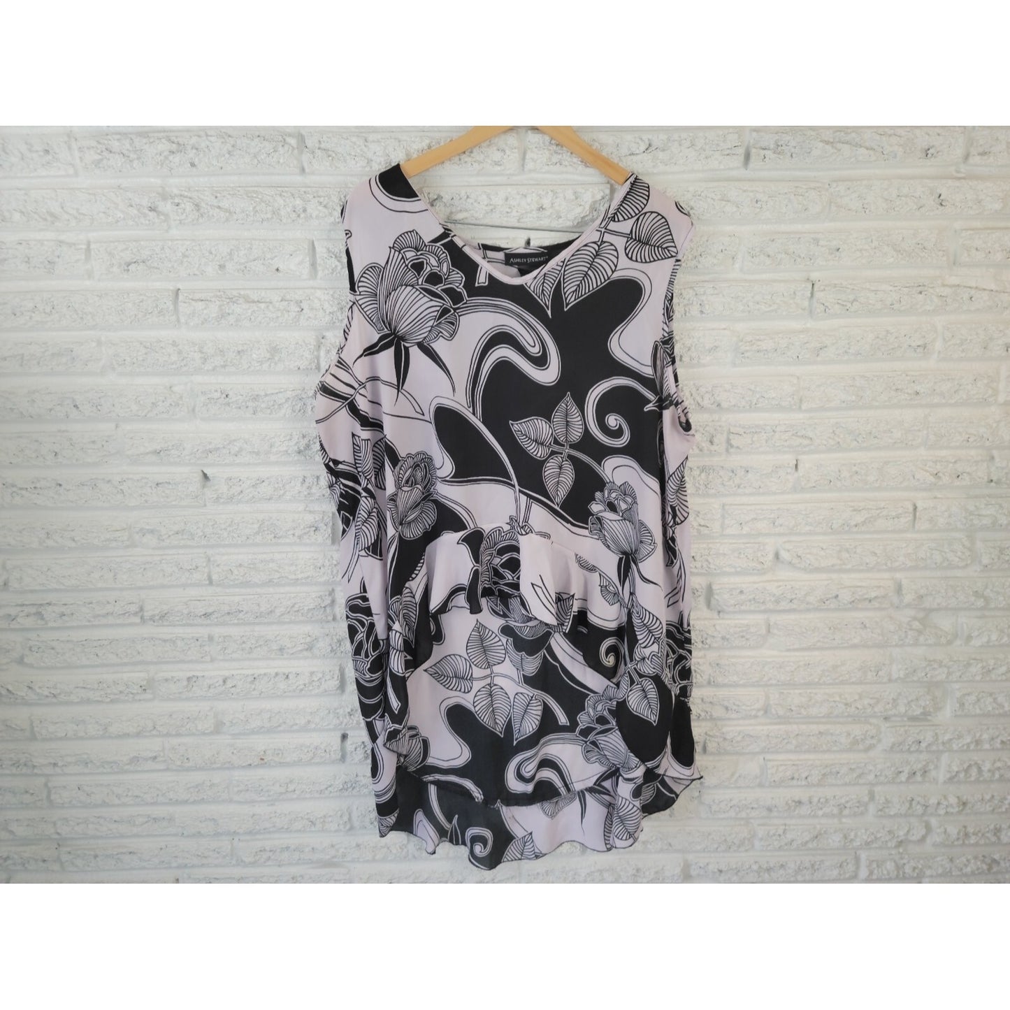 Ashley Stewart Women Top 22 24 Plus Tunic High Low Waterfall Casual Black Floral