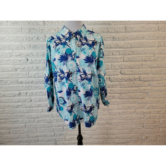 Westbound Womens Top 20W Plus Collar Button Up Wrinkle Free Cotton Blue Floral