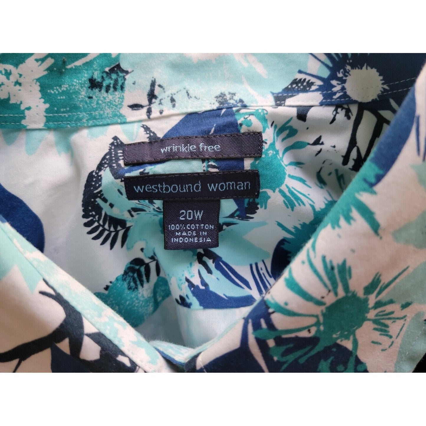 Westbound Womens Top 20W Plus Collar Button Up Wrinkle Free Cotton Blue Floral