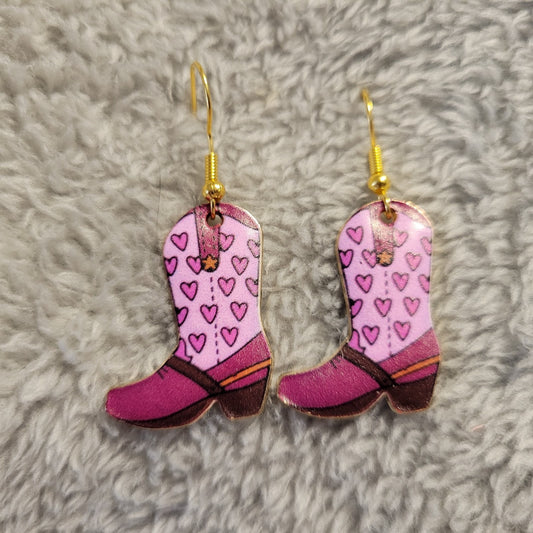 Valentine's Day Cowgirl Boot Earrings Gold Tone Pink Hearts Western Rodeo Dangle