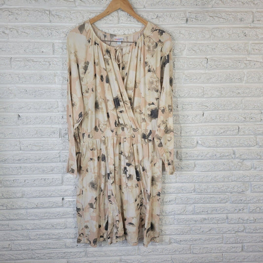 Lularoe Womens Dress 2XL Sheath Long Sleeve Beige Green Floral Keyhole Casual