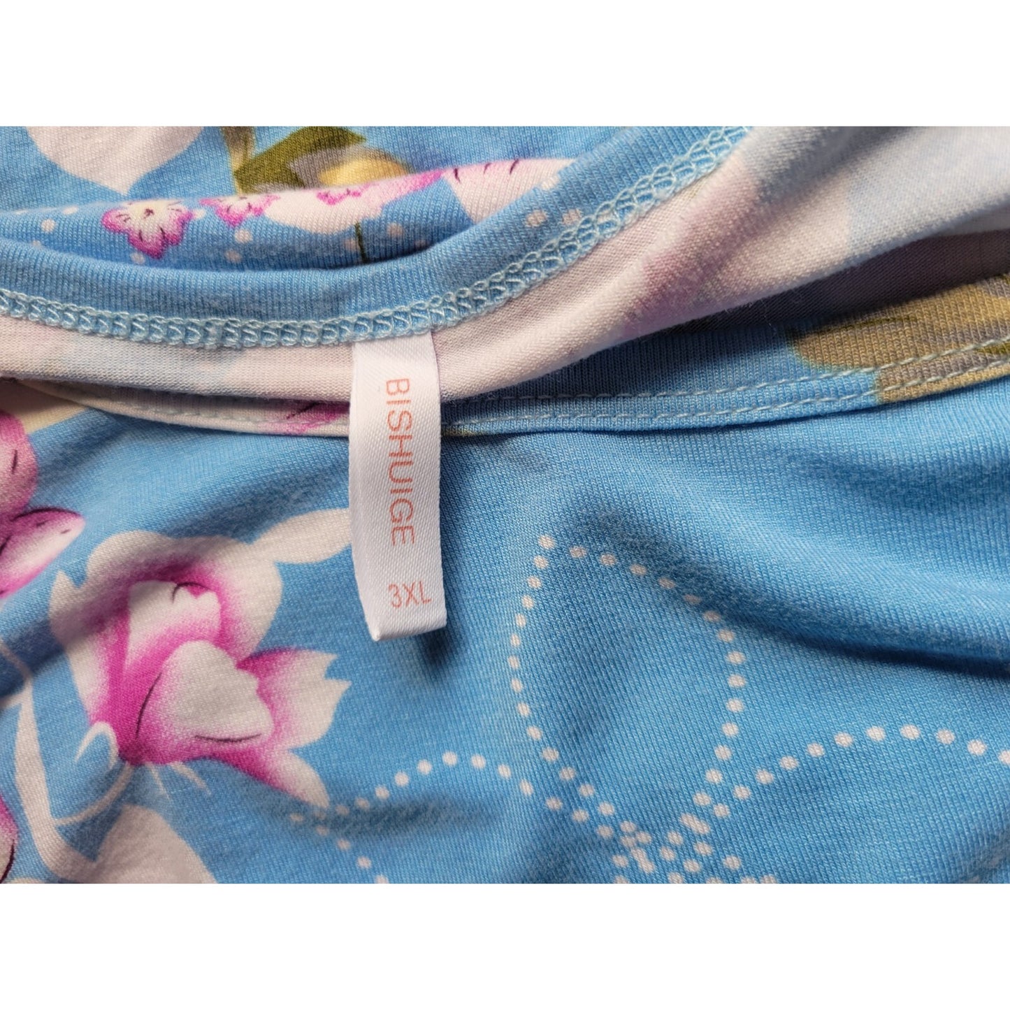 Bishuige Women Top 3XL Plus Tee Tunic Short Sleeve Blue Floral Casual Shark Bite