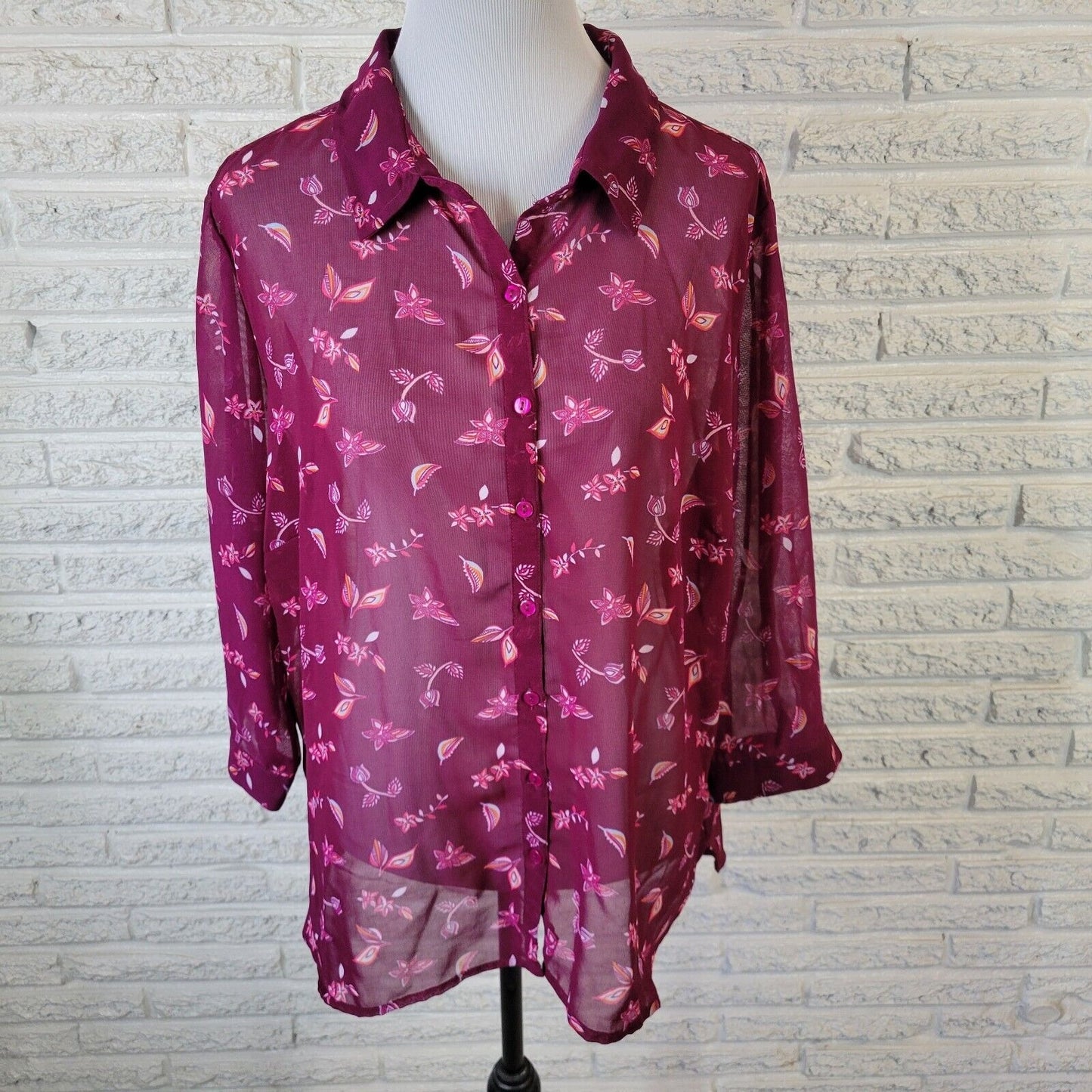 Attention Womens Top 1X 3/4 Sleeve Purple Floral Lightweight Sheer Button Up