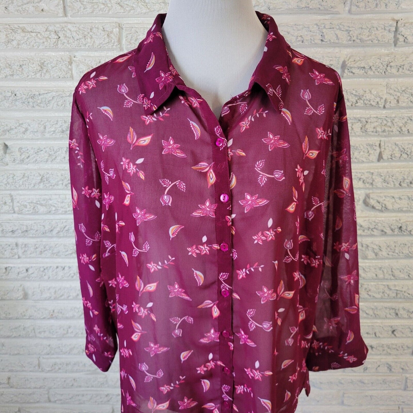 Attention Womens Top 1X 3/4 Sleeve Purple Floral Lightweight Sheer Button Up