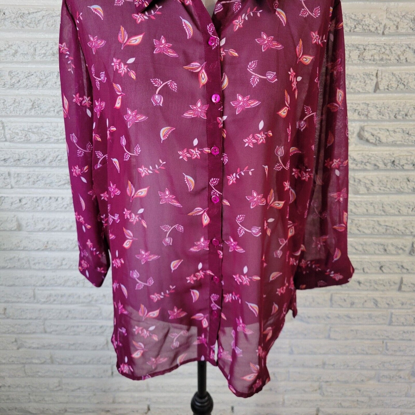 Attention Womens Top 1X 3/4 Sleeve Purple Floral Lightweight Sheer Button Up