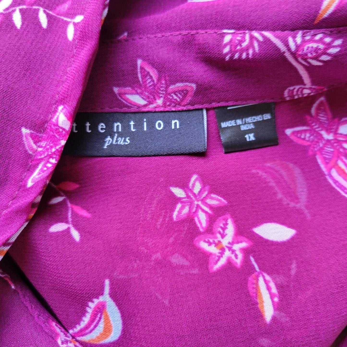 Attention Womens Top 1X 3/4 Sleeve Purple Floral Lightweight Sheer Button Up