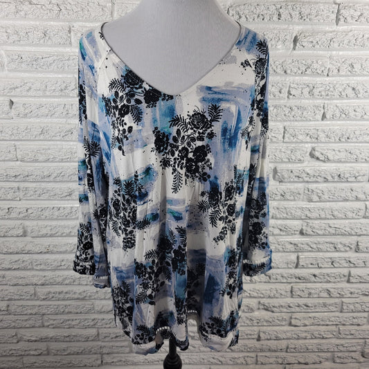 Cato Womens Top Extra Large XL 3/4 Flared Sleeve Blue Floral Crochet Trim Casual