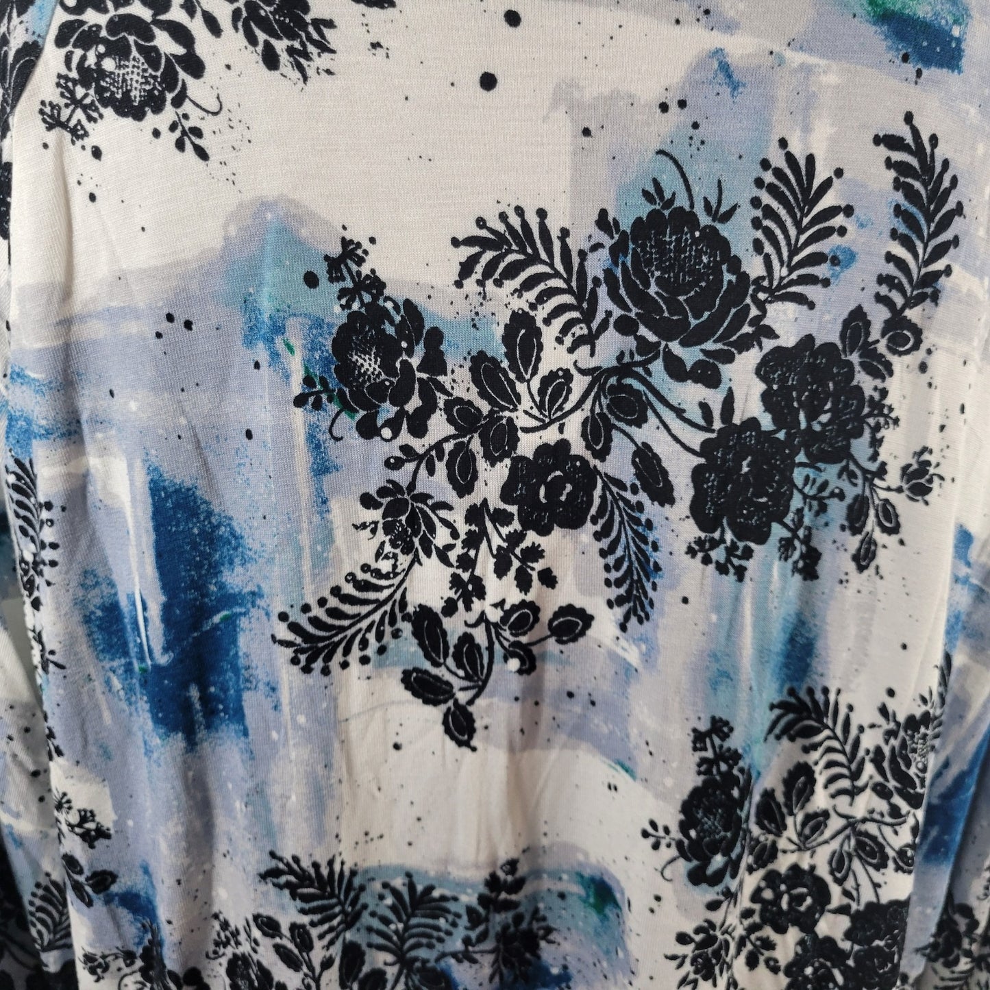 Cato Womens Top Extra Large XL 3/4 Flared Sleeve Blue Floral Crochet Trim Casual