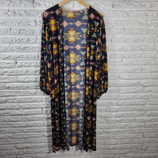 Honeyme Curvy Women's XL Top Blouse Blue Geometric Tribal Print Slit Stretch