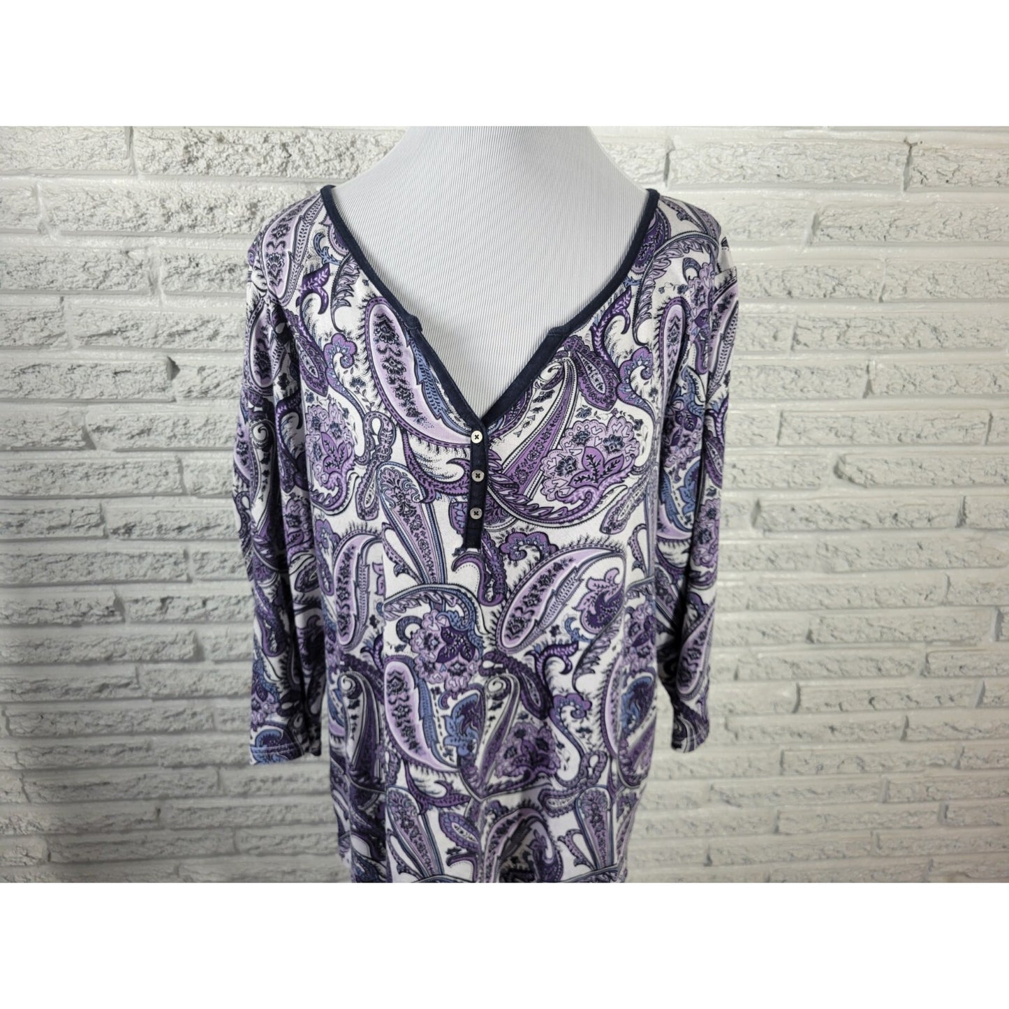 Croft Barrow Womens Top 1X Plus 3/4 Sleeve Lavender Paisley Casual Cotton