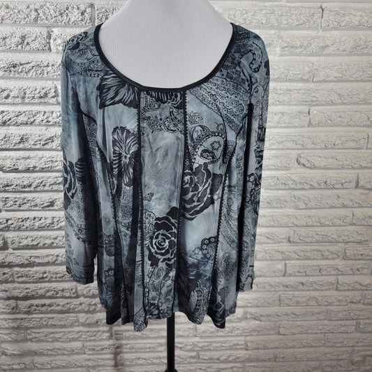 Serenade Women Top 2X 3/4 Sleeve Blue Floral Lightweight Poly Blend Crochet Trim