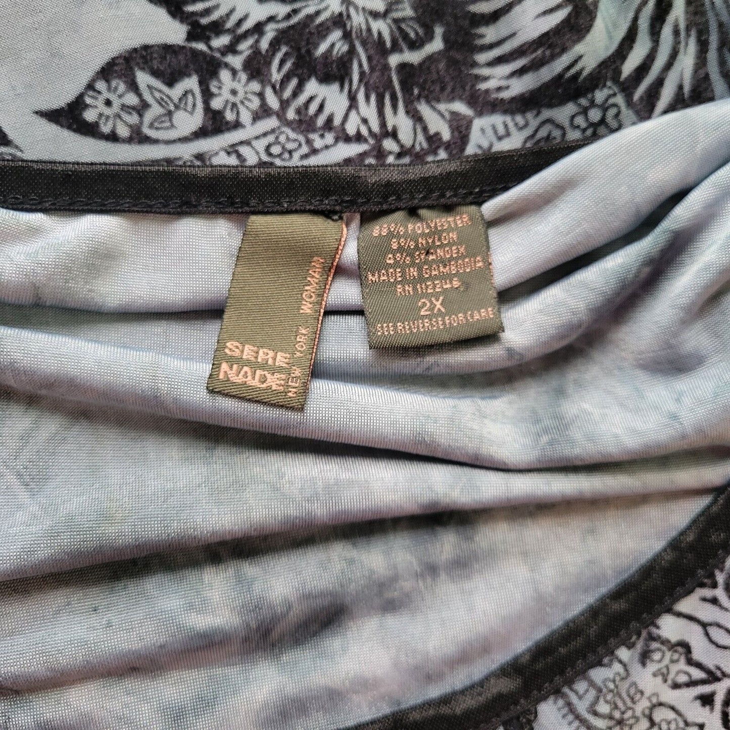 Serenade Women Top 2X 3/4 Sleeve Blue Floral Lightweight Poly Blend Crochet Trim