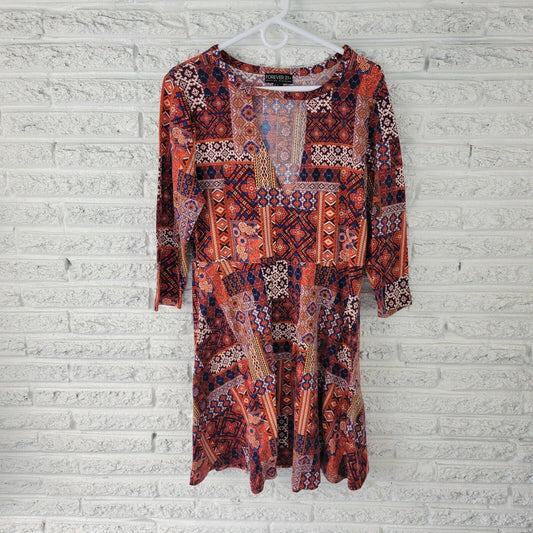 Forever 21 Women's 1X Plus Size Tunic Dress Red Geometric V-Neck 3/4 Sleeve