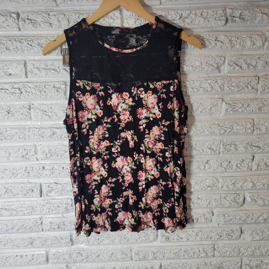 Sheila Rose Womens Top 2X Plus Sleeveless Black Pink Floral Lace Yoke Casual