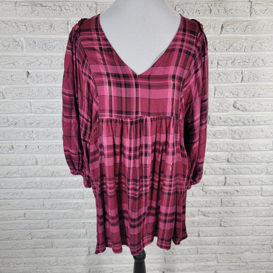 Cato Womens Top XL Peasant Baby Doll Rayon Smocked Button Detail Burgundy Plaid