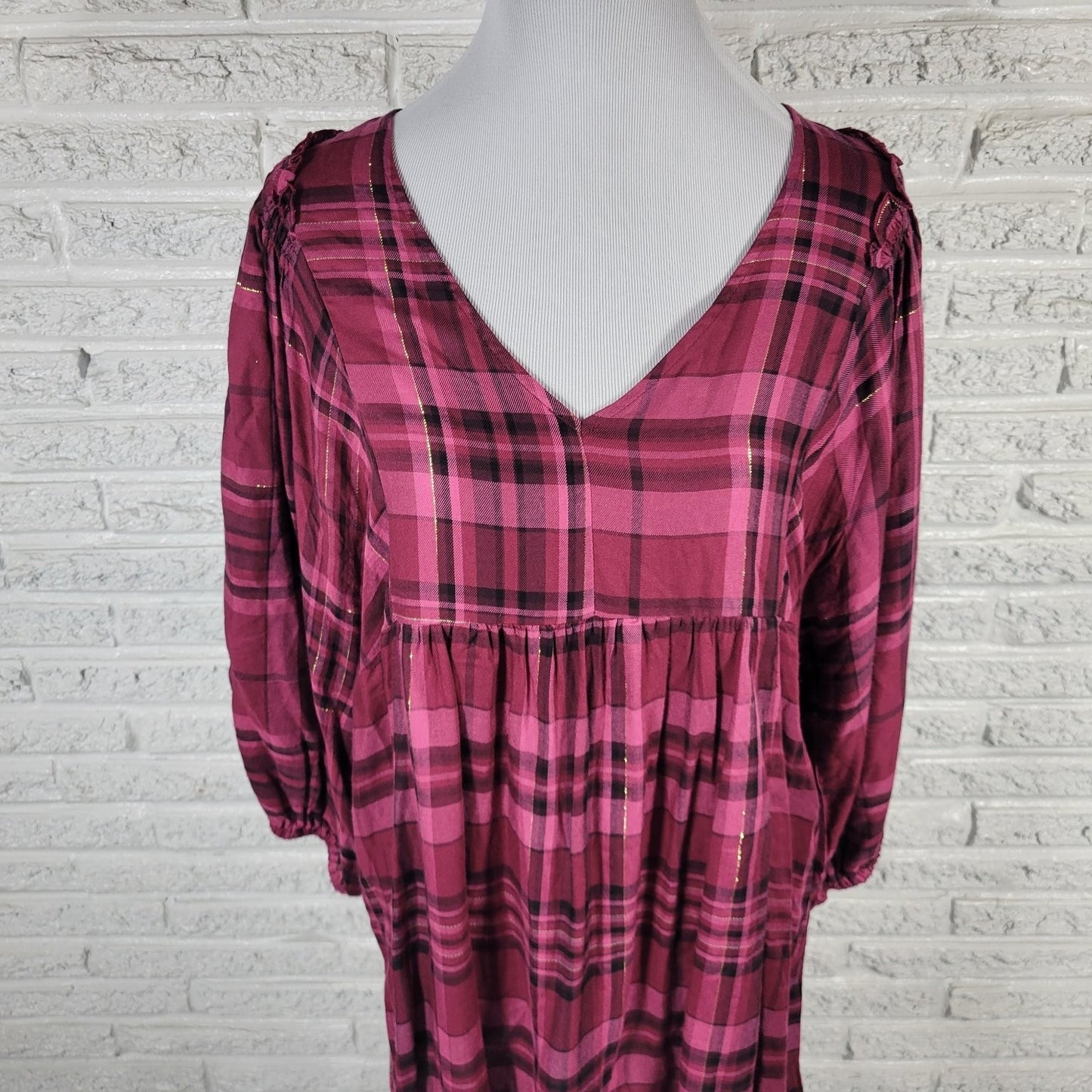 Cato Womens Top XL Peasant Baby Doll Rayon Smocked Button Detail Burgundy Plaid