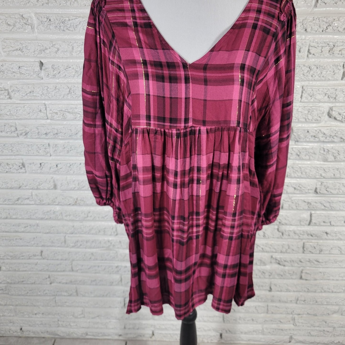 Cato Womens Top XL Peasant Baby Doll Rayon Smocked Button Detail Burgundy Plaid